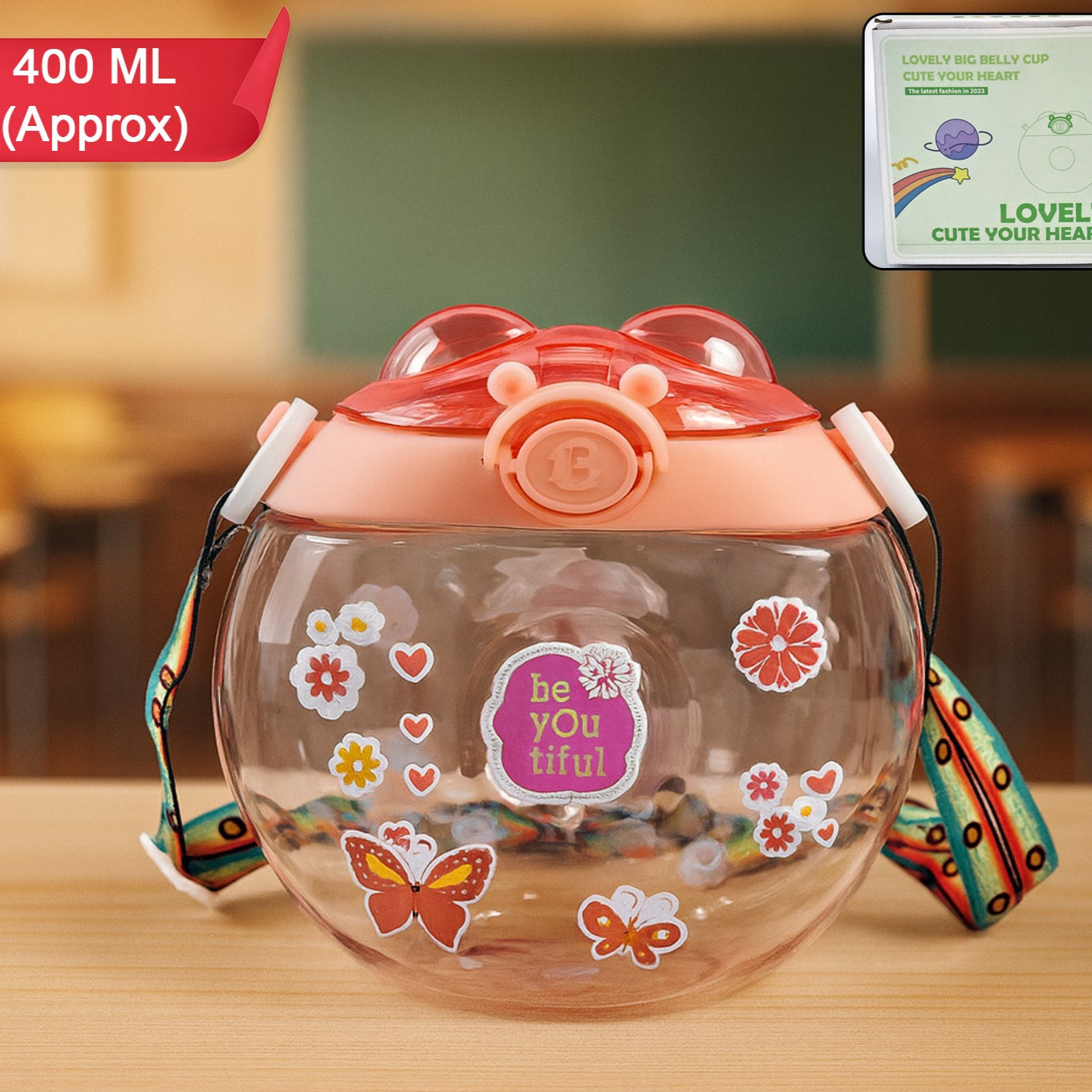 400ml Round Belly Kids Water Bottle with Straw & Strap - 1 Pc - Happy Price - Image 1