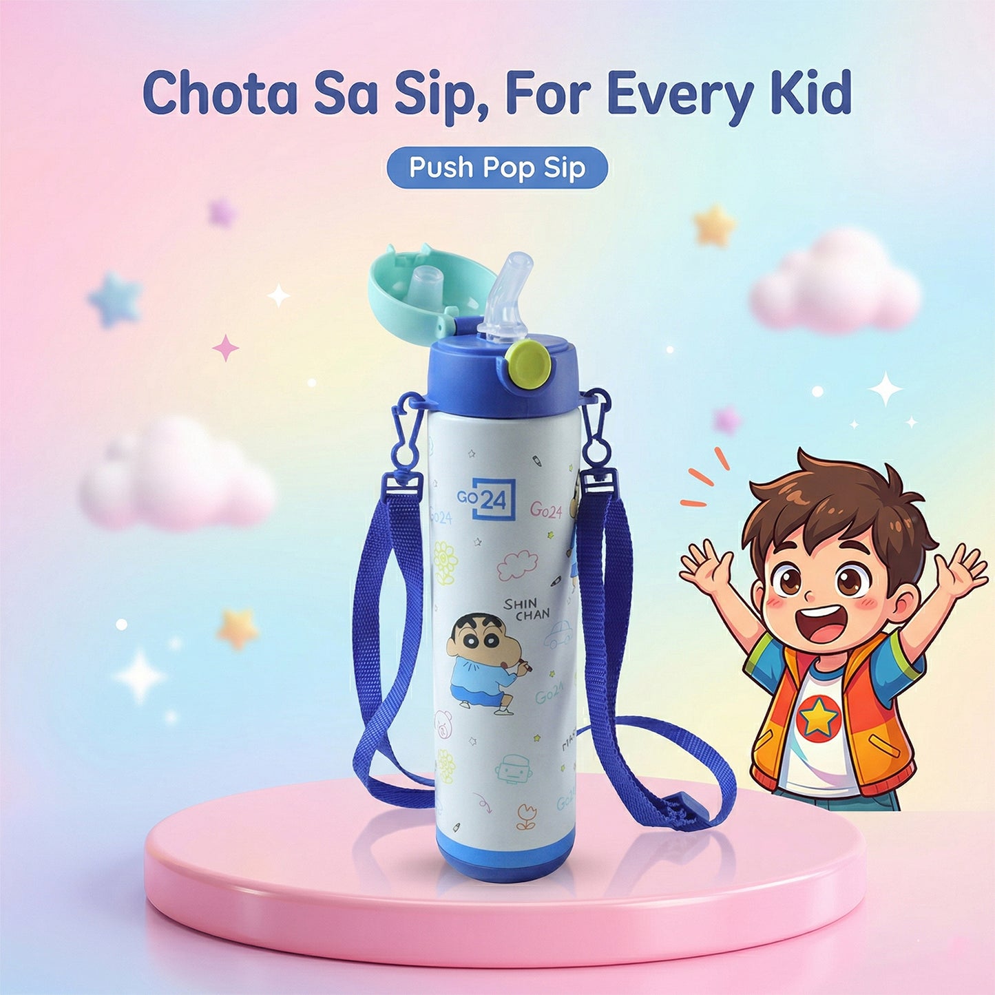 Kids Stainless Steel Water Bottle 500 ML - Leakproof Sipper with Strap - Great Price - Image 2