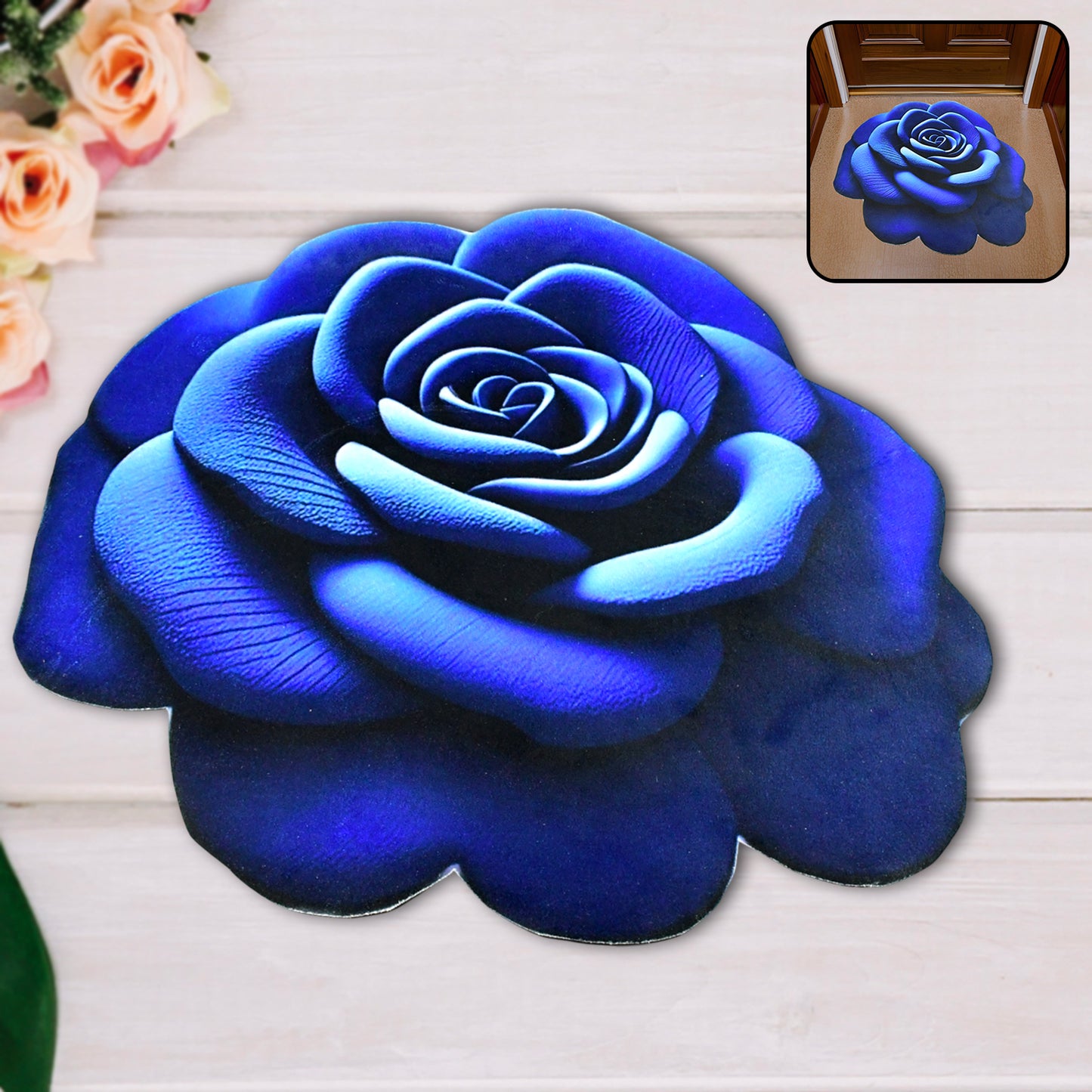 Rose Shaped Velvet Floor Mat - 1 Pc Blue - Happy Price - Image 2