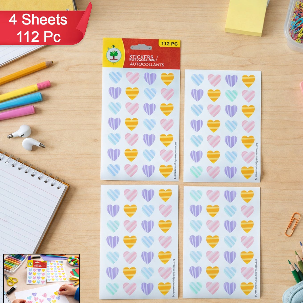 Heart Shape Decorative Stickers - 112 Pcs, 4 Sheets for Crafts & Journals - Happy Price - Image 1