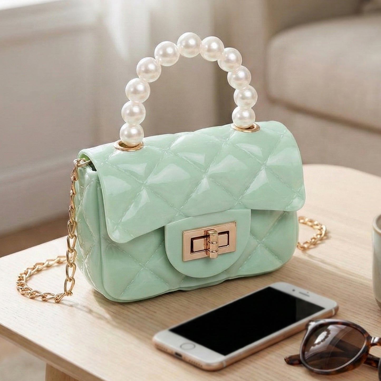 Quilted Mini Handbag with Pearl Handle & Chain Strap (1 Pc) - Happy Price - Image 3