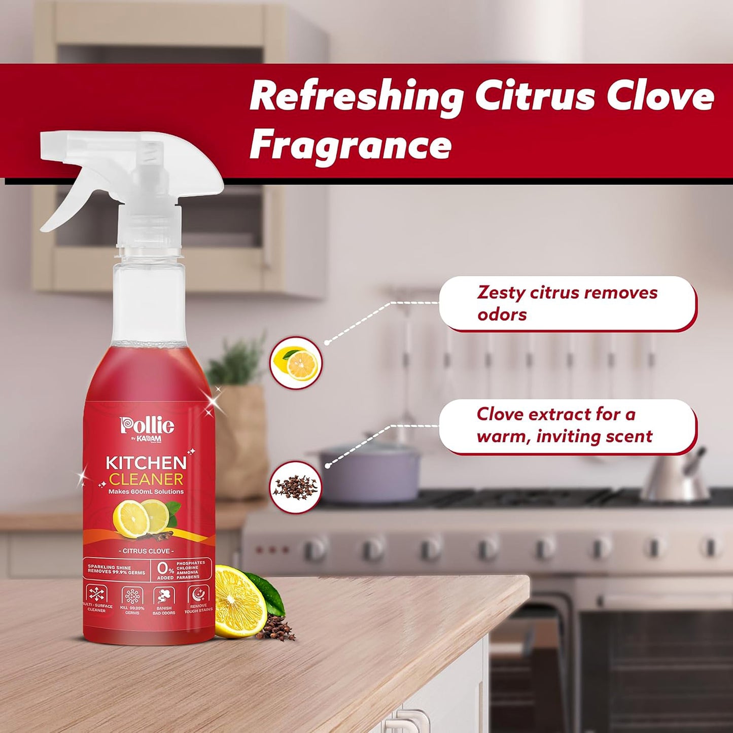Kadam Concentrated Kitchen Cleaner Refill Kit with Spray Bottle - Citrus Clove, 3 Sachets for 600ml - Happy Price - Image 4