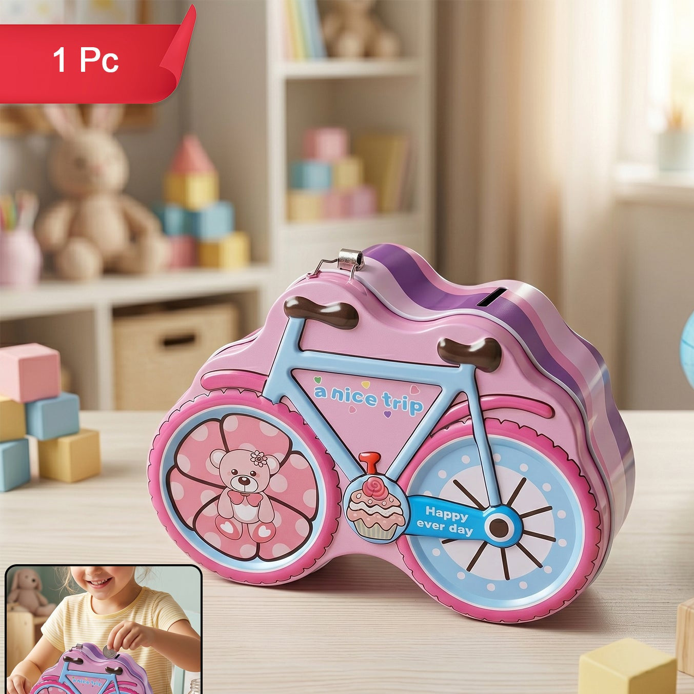 Bicycle Piggy Bank with Lock and Key - 1 Pc - Great Price - Image 1