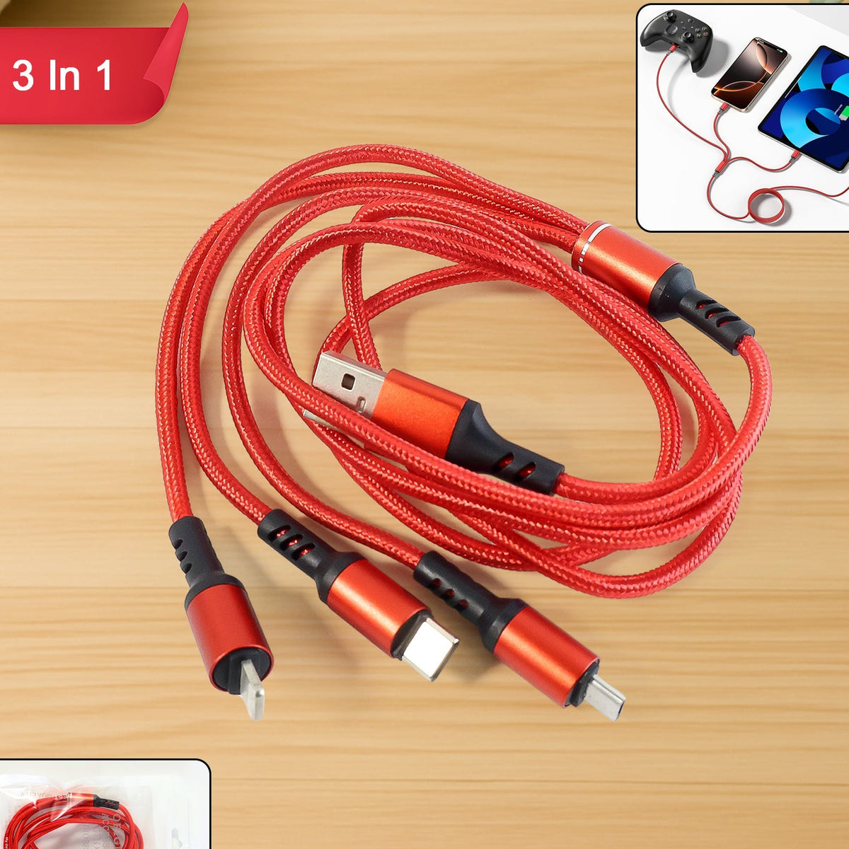 3-in-1 Universal Charging Cable with Type-C, Micro USB & Lightning Connectors - 1 Pc - Happy Price - Image 1