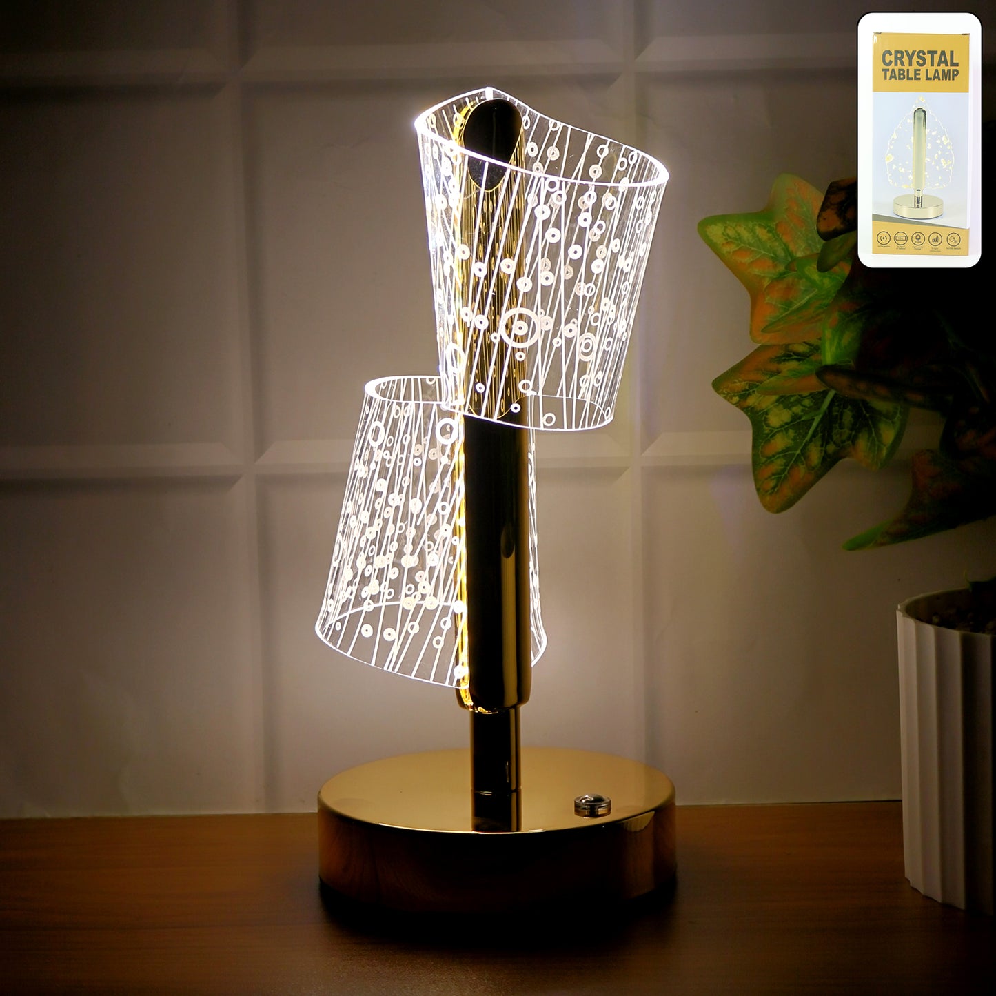 Crystal Double Shade LED Table Lamp - Golden Base, Decorative Bedside Light (1 Pc) - Happy Price - Image 7