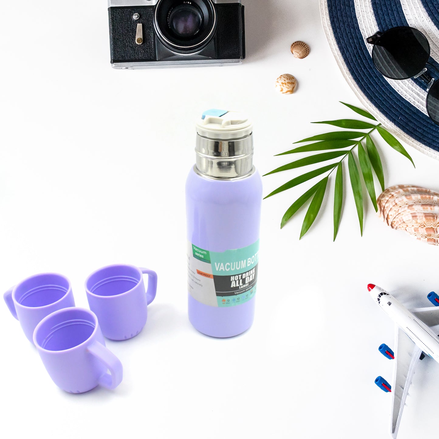 Vacuum Flask Set Stainless Steel Thermos With 3 Cup Creative Gift Set With Cover Handle Portable Car Water Bottle Set (Approx 500ml) - Happy Price - Image 7