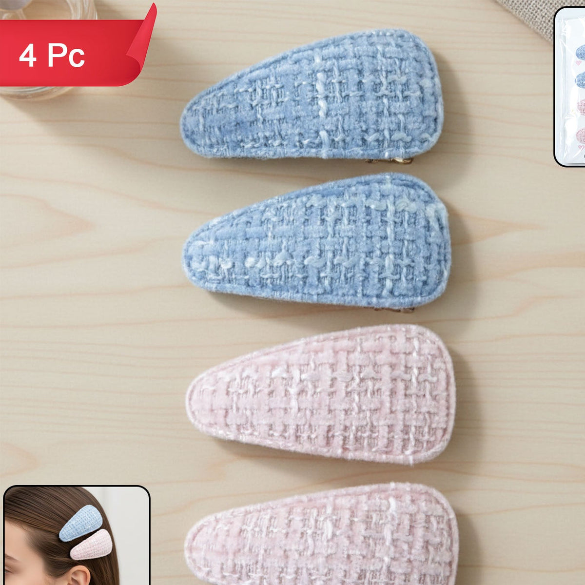 Textured Fabric Snap Hair Clips Set - 4 Pieces for Women & Girls - Happy Price - Image 1