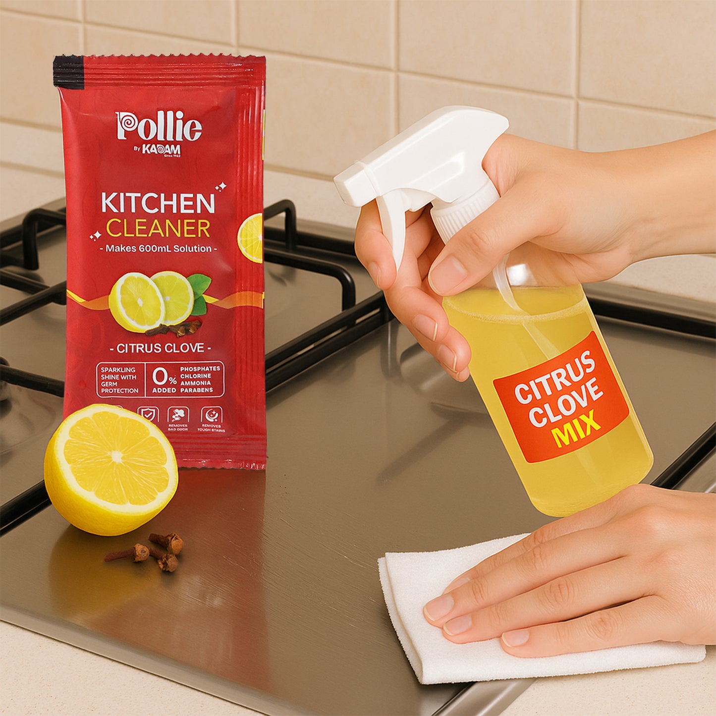 Pollic Kadam Concentrated Kitchen Cleaner Sachet - Makes 600ml Citrus Clove Solution - Happy Price - Image 4