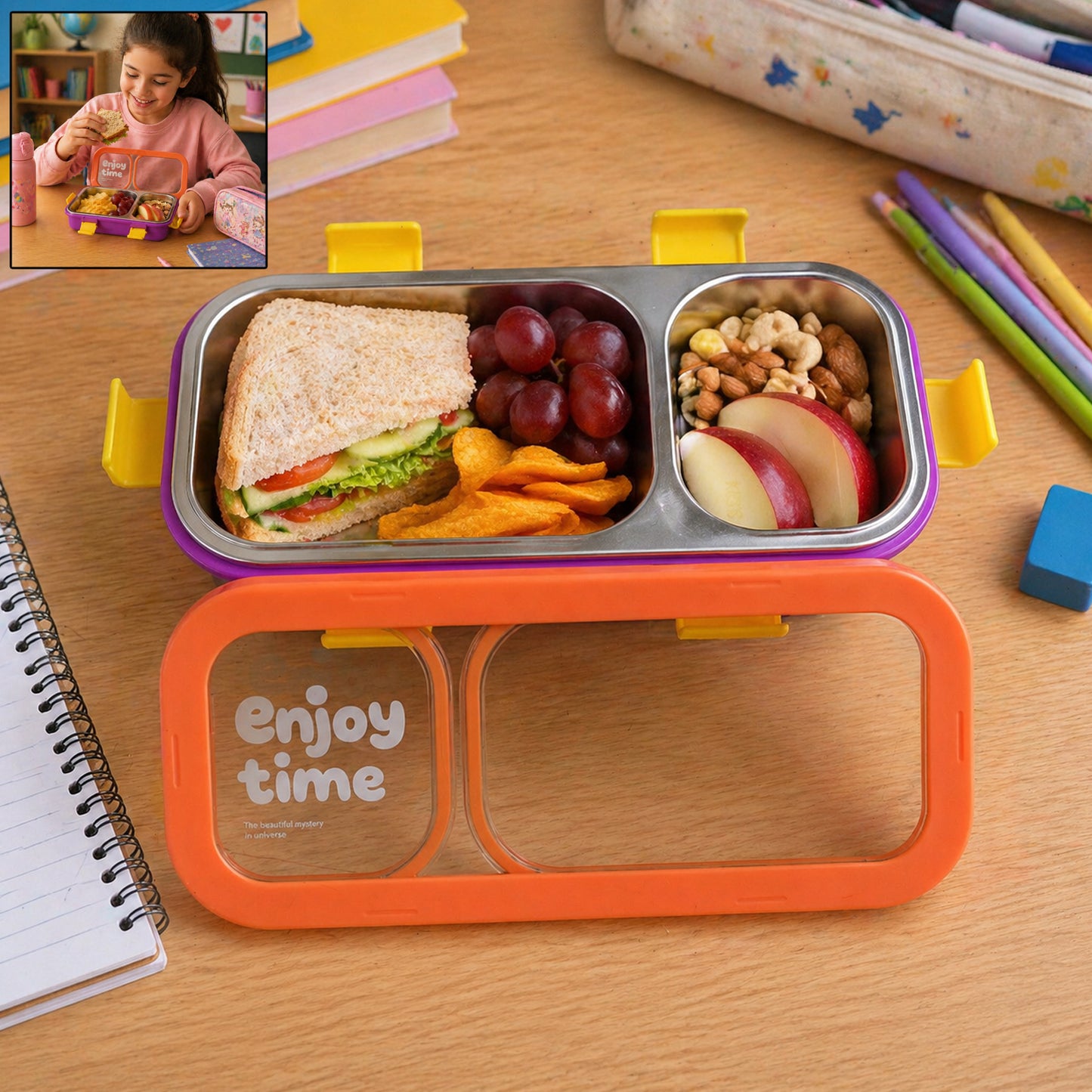 Stainless Steel 2 Compartment Lunch Box with Spoon & Fork - Leak-Proof Design - Great Price - Image 2