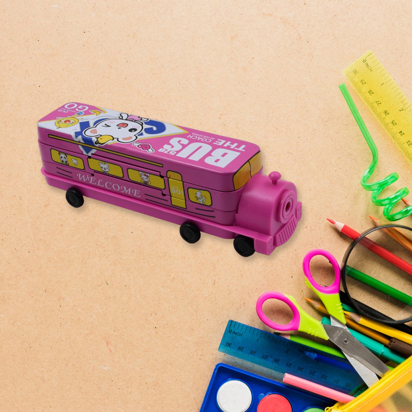 Double Decker Magic Bus Compass 2 Layer Metal Bus Compass Pencil Case With Movable Wheels Sharpener Bus Shape With Tiers Metal Pencil Box For Kids Birthday Party - Happy Price - Image 2