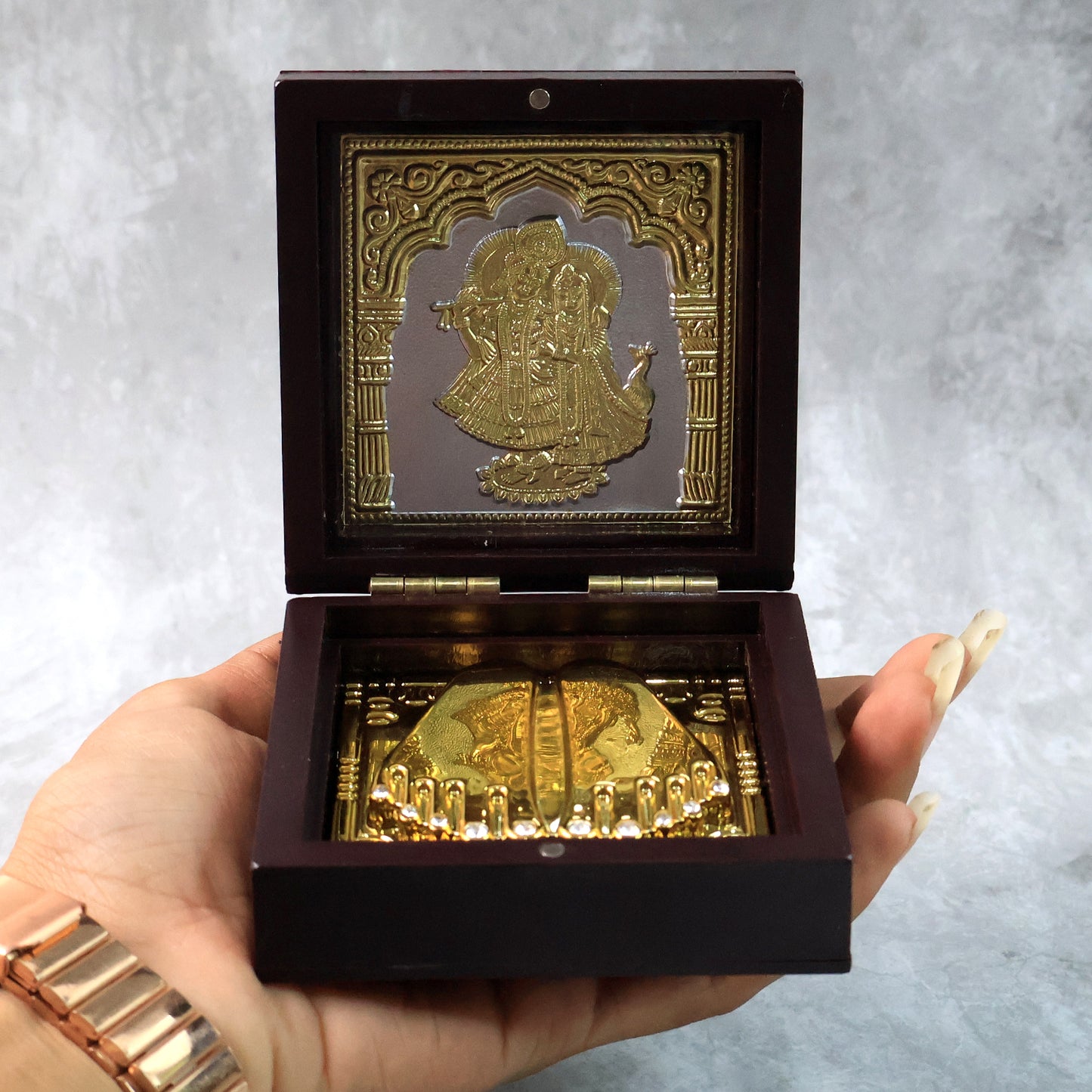 Golden Charan Paduka Set in Wooden Box - Spiritual Pooja Accessory - Happy Price - Image 3