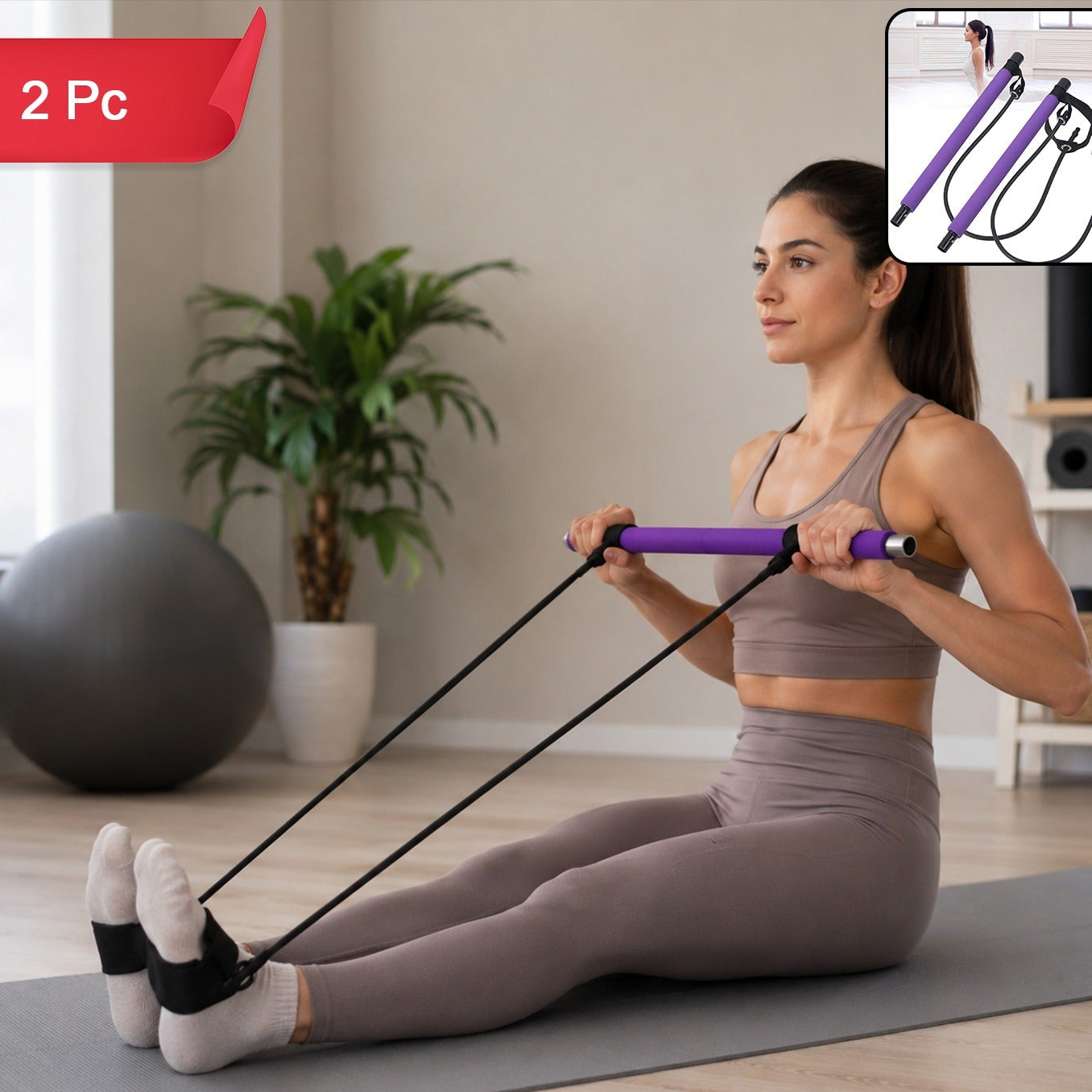 Pilates Bar with Resistance Bands - Full Body Workout Fitness Tube Rod (2 Pc) - Happy Price - Image 1