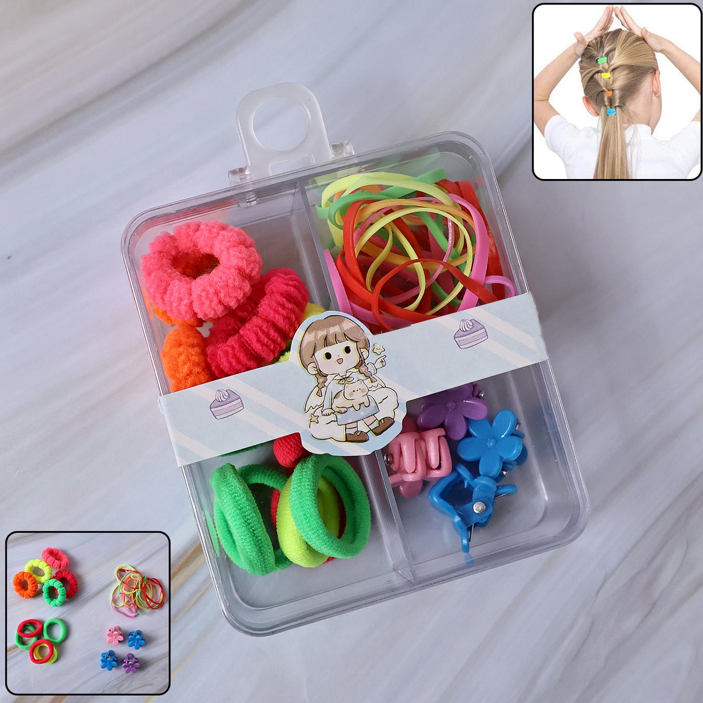 Kids Hair Accessories Set: Bands, Clips & Rubber Bands in Organizer Box (1 Set) - Happy Price - Image 3