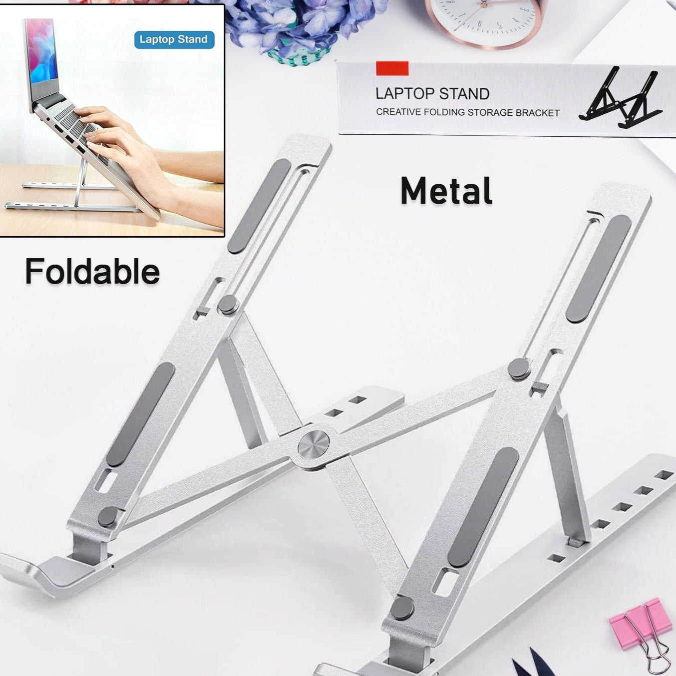 Laptop Stand For Desk Metal Portable Laptop Stand With 6 Adjustable Angles Laptop Riser Phone And Tablet Stand Compatible For All Laptop - Happy Price - Image 1