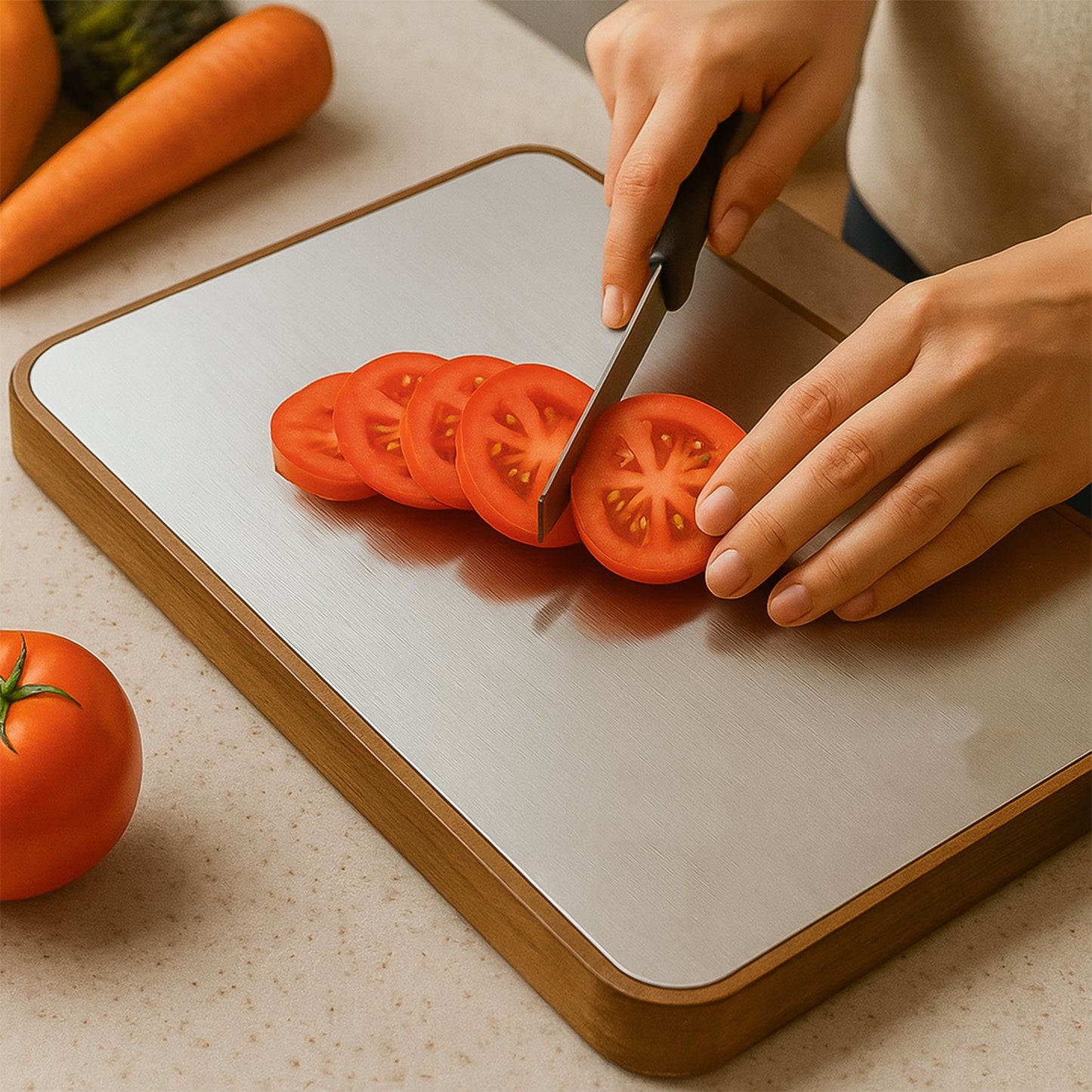 Apex Steel & Oak Medium Chopping Board with Handle (35x25cm, 1 Pc) - Happy Price - Image 5
