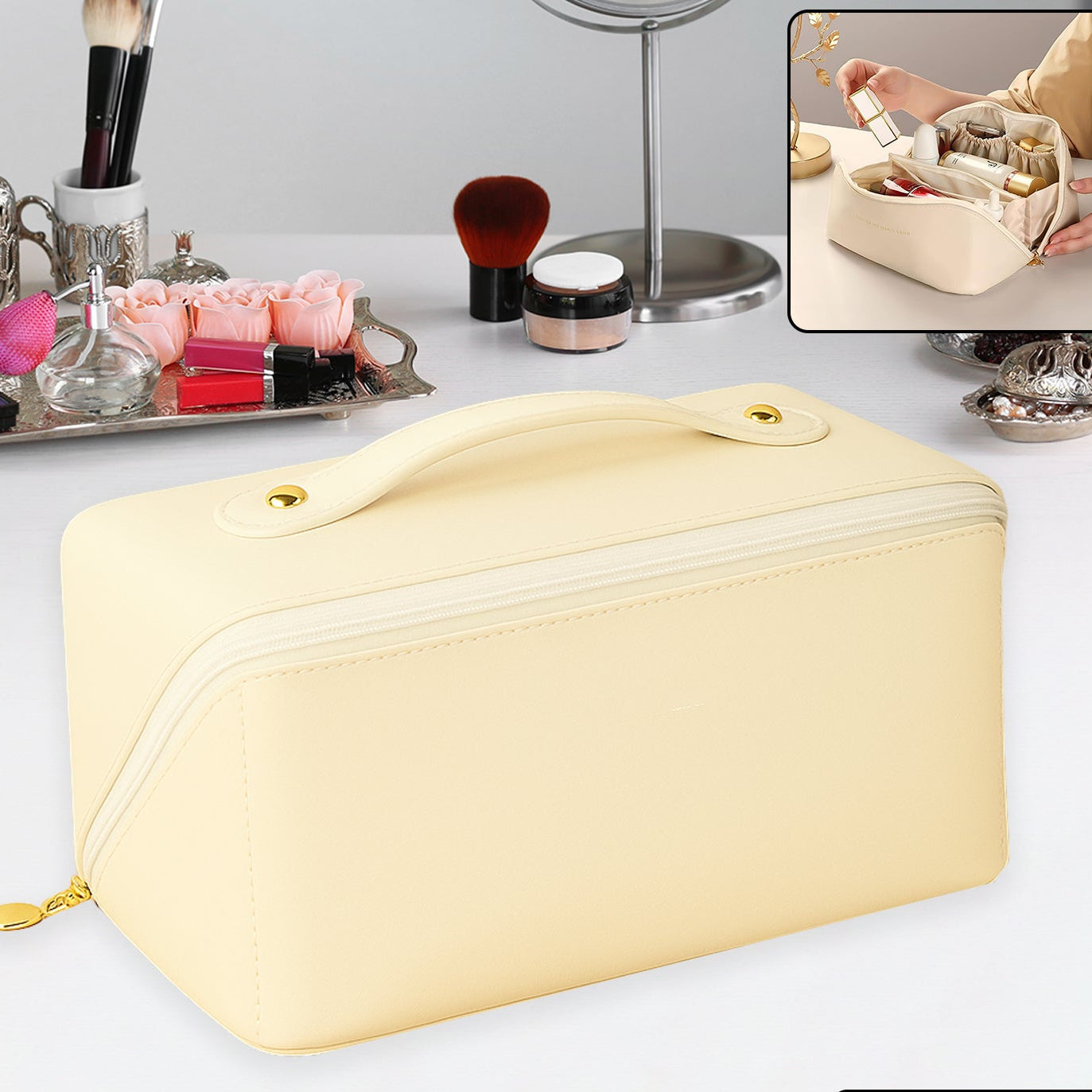 Premium Cream Travel Makeup Toiletry Organizer Pouch With Zipper Handle (1 Pc) - Happy Price - Image 1