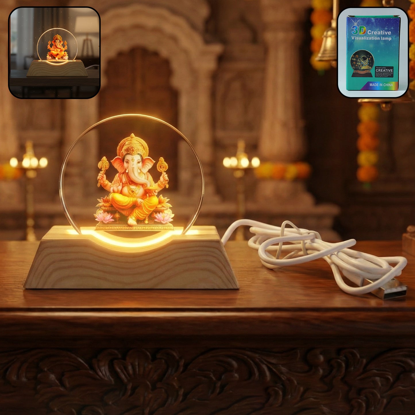 Lord Ganesha 3D Acrylic LED Night Lamp with Wooden Base - 1 Pc - Happy Price - Image 2