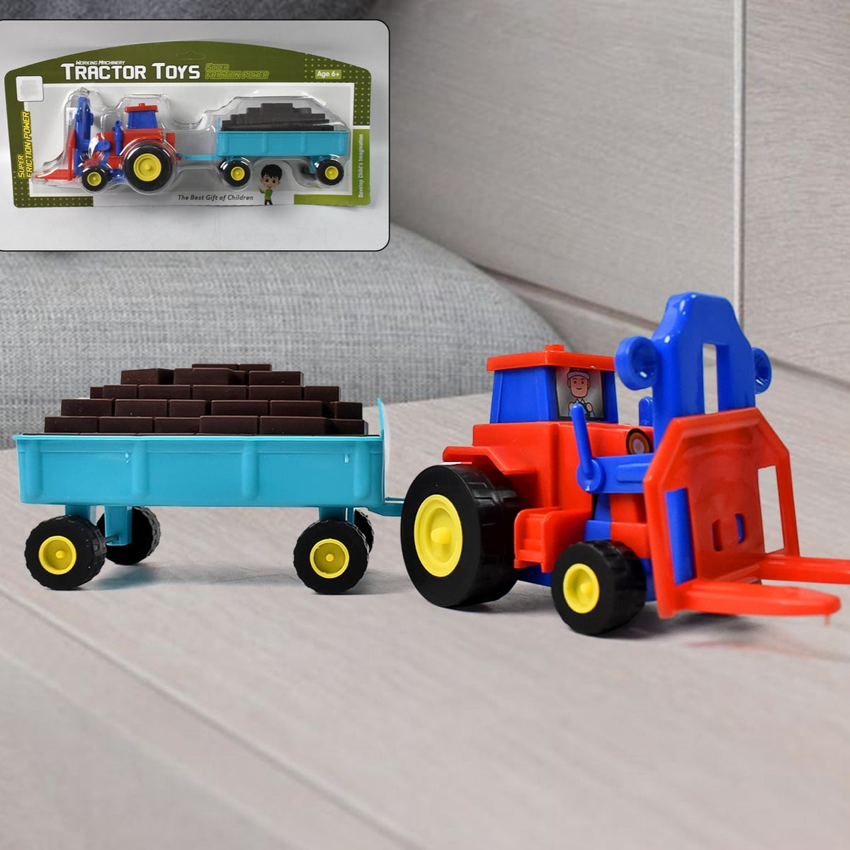 Plastic Tractor Toy Friction Powered Tractor With Bricks Trolley (1 Pc) - Happy Price - Image 1