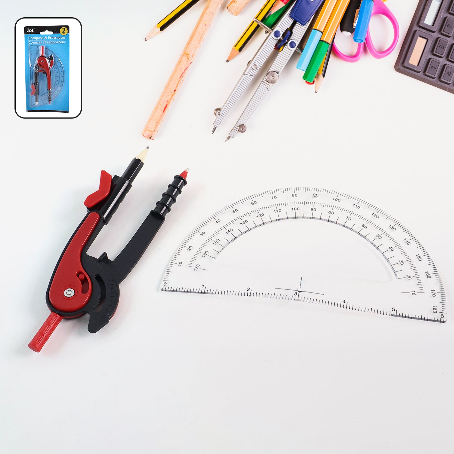 2 Pc Geometry Set Built-in Pencil Grip + Transparent Plastic Protractor School Geometry Tools Kit - Happy Price - Image 2