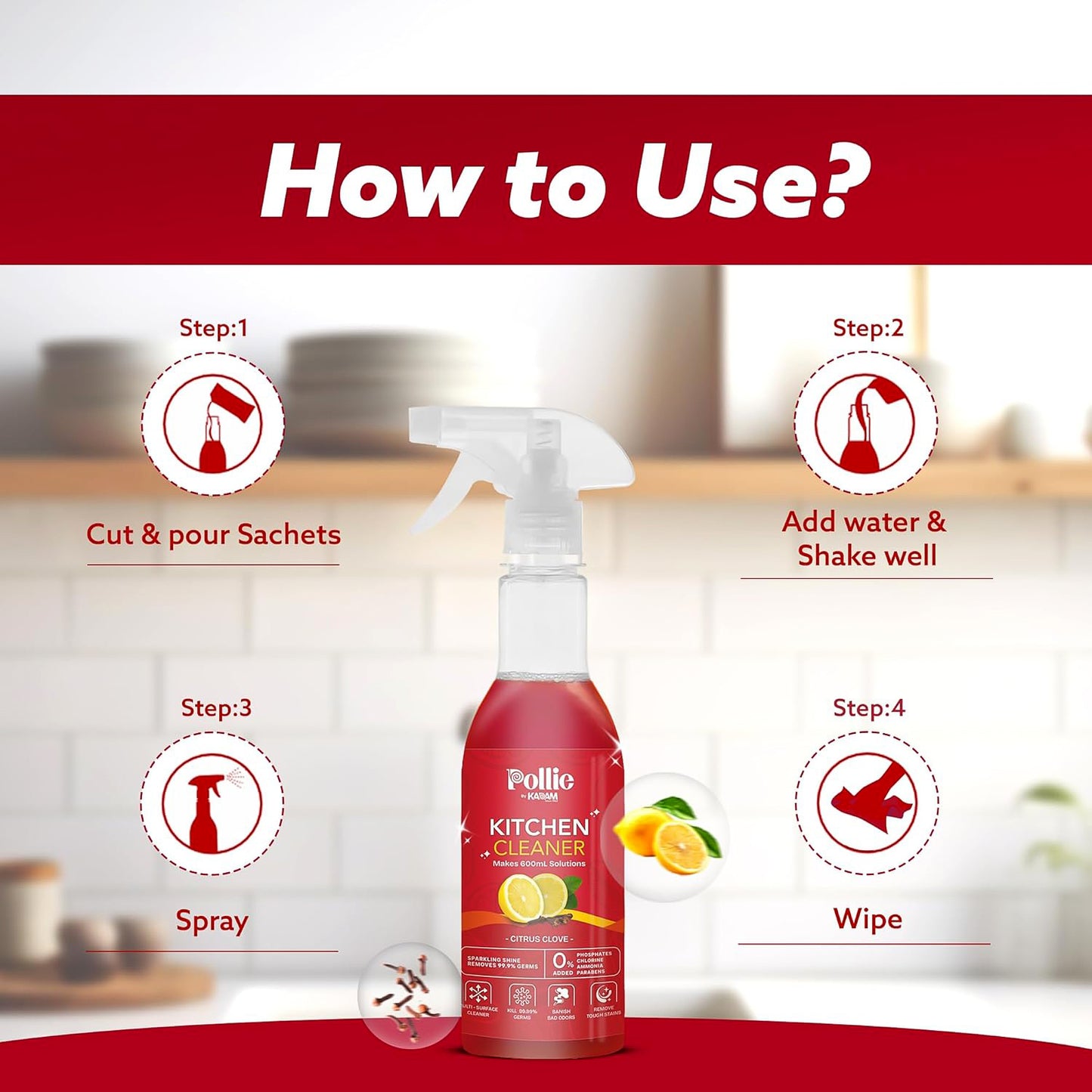 Kadam Concentrated Kitchen Cleaner Refill Kit with Spray Bottle - Citrus Clove, 3 Sachets for 600ml - Happy Price - Image 6