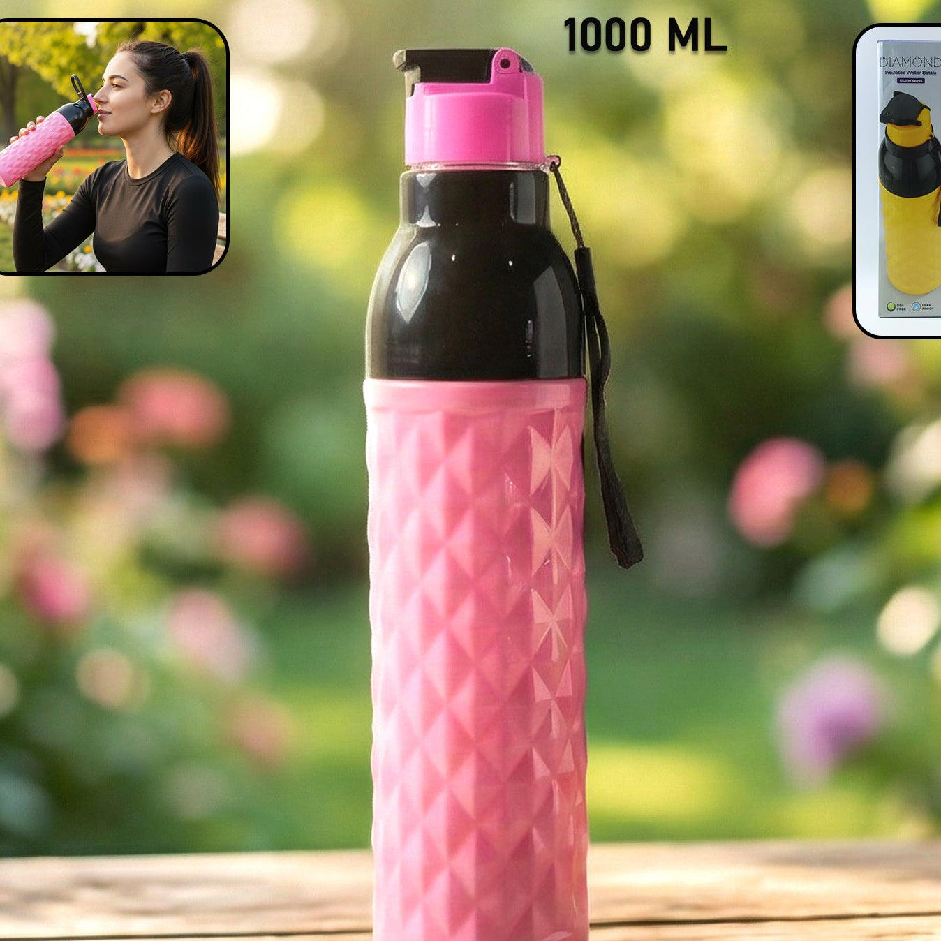 1000 ML Diamond Pattern Leakproof Water Bottle with Flip Top Lid & Carry Strap (1 Pc) - Happy Price - Image 1