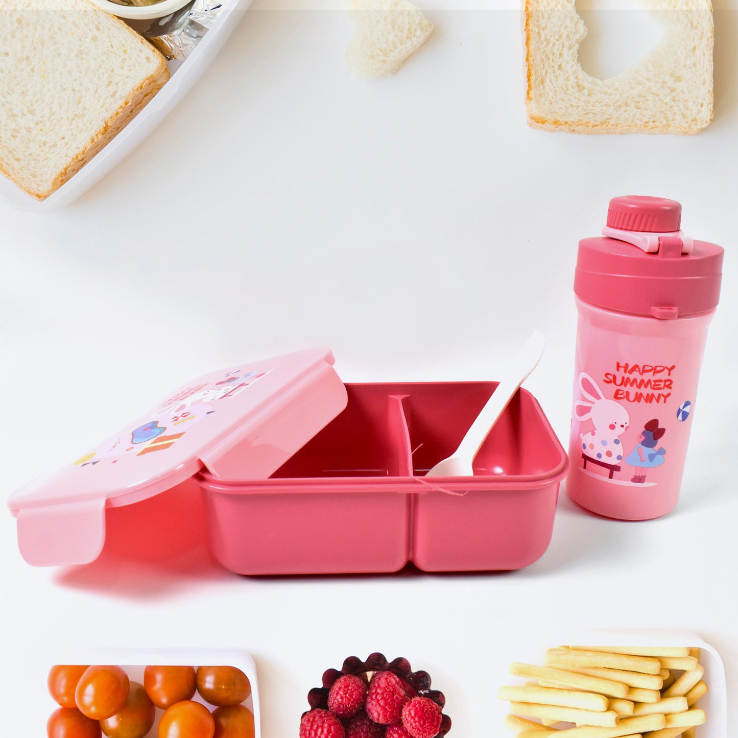 Plastic Lunch Box Leak Proof 2 Compartment With Bottle And Fork (1 Set Mix Color) - Happy Price - Image 2
