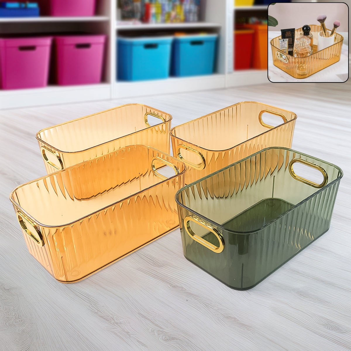 Premium Ribbed Transparent Storage Basket With Gold Handle Multipurpose Kitchen Amp Home Organizer Box (25x14cm 4 Pc) - Happy Price - Image 6
