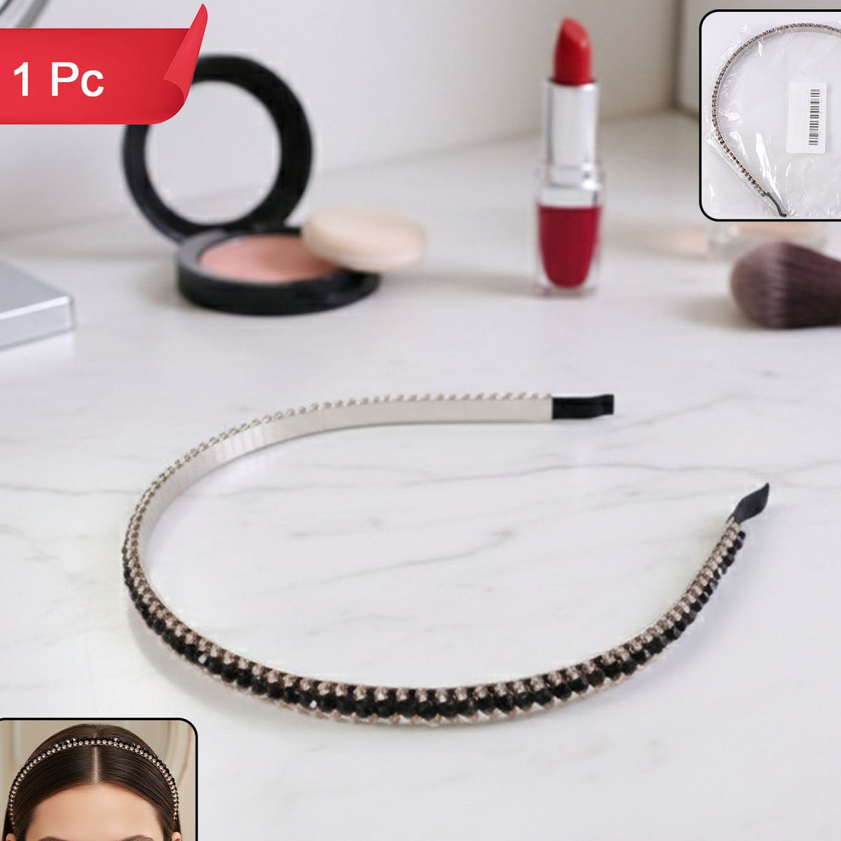 Black Crystal Studded Metal Hair Band for Women (1 Pc) - Happy Price - Image 1