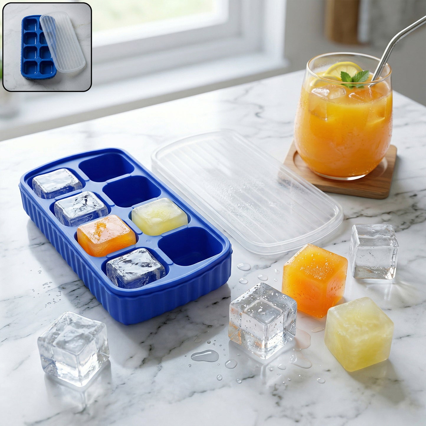 Square Ice Cube Tray with Lid - 8 Grids, 1 Pc, 17x9 Cm - Great Price - Image 2