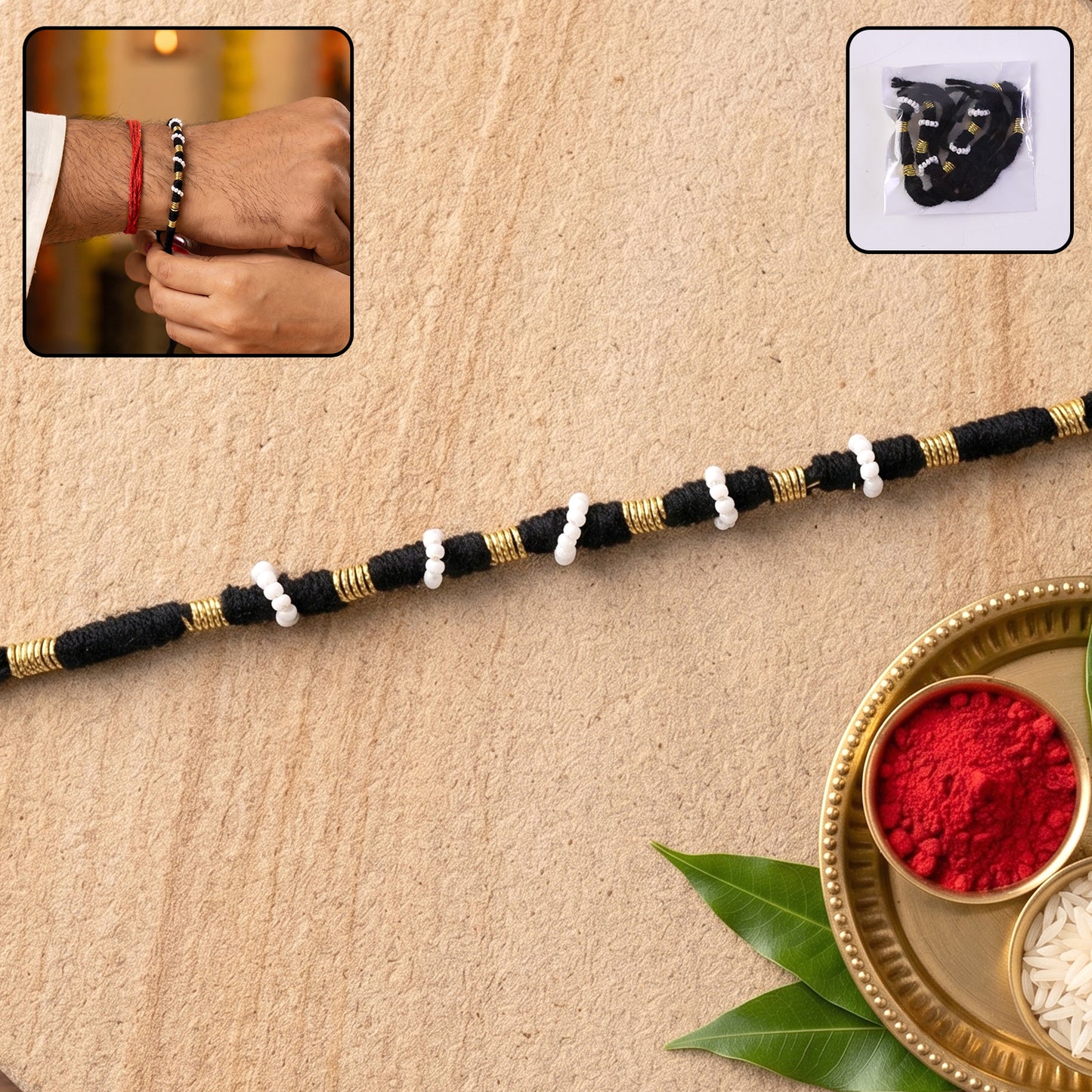 Handmade Black Rakhi Bracelet with White Beads (1 Pc) - Happy Price - Image 2