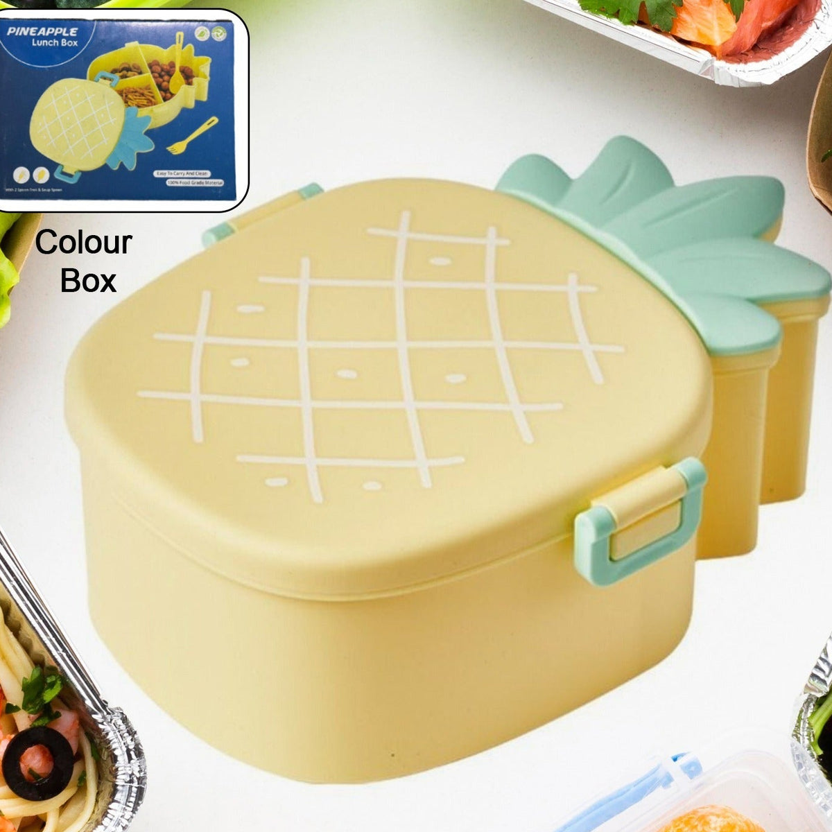 Kids Lunch Box Cute Pineapple Shaped Bento Box With Fork Spoon Snack Candy Container Microwave Portable Office Lunch Box (1 Pc With Spoon Fork Color Box) - Happy Price - Image 1
