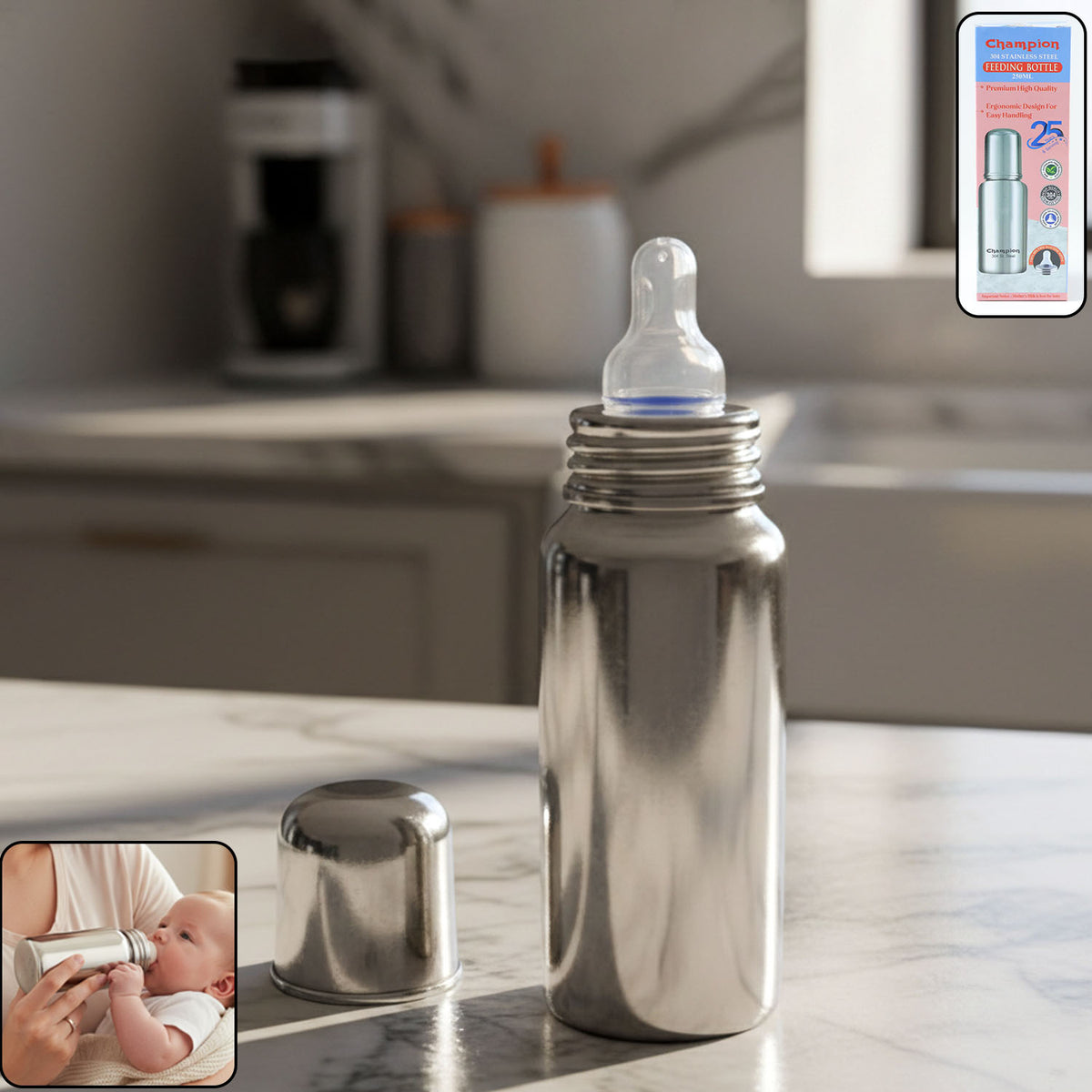 Stainless Steel Baby Feeding Bottle 250 ML with Silicone Nipple - Happy Price - Image 2