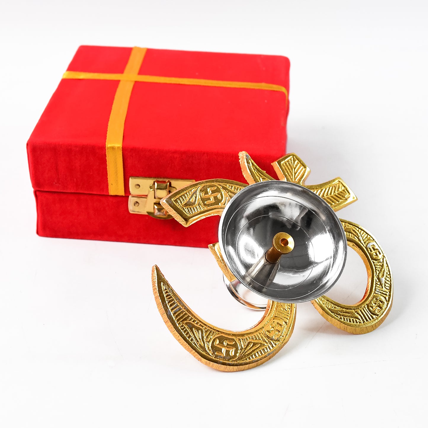 Om Symbol Brass Oil Diya with Silver Polish Bowl - 1 Pc - Happy Price - Image 2