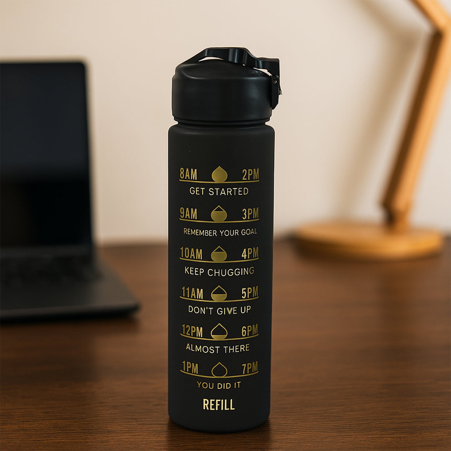 2 Pc Motivational Water Bottle Set - 900 ML & 300 ML Black Sipper Bottles - Happy Price - Image 3