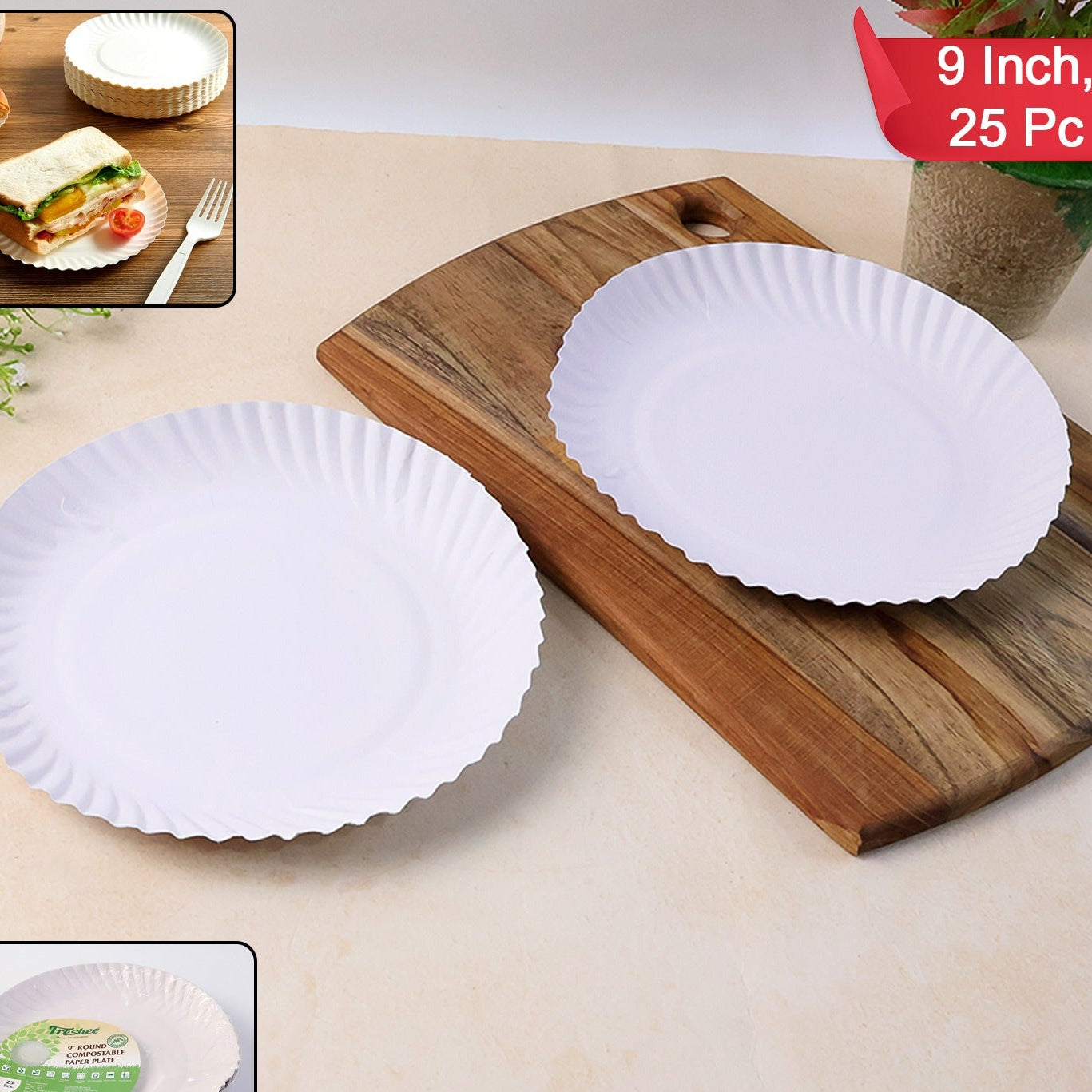 9 Inch Round Compostable Paper Plates - 25 Pcs Pack - Happy Price - Image 1