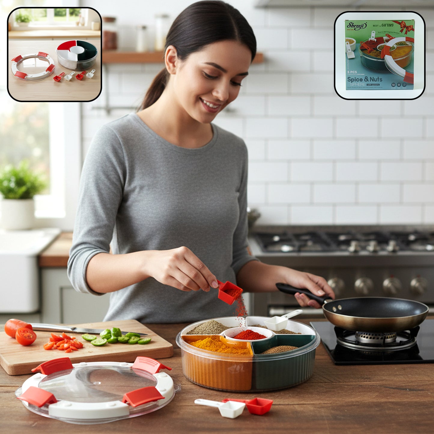 5 Compartment Kitchen Spice Organizer Box with Measuring Spoons - 1 Pc - Great Price - Image 2