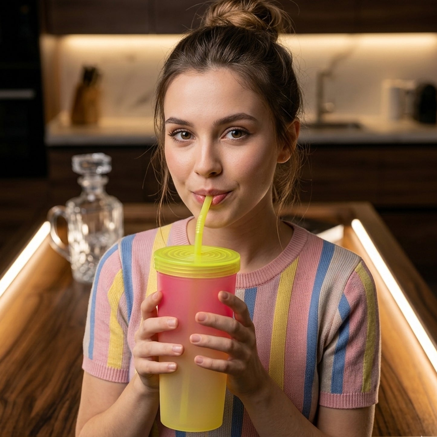 Gradient Plastic Tumbler Cup with Straw and Lid - 400 ML Approx, 1 Pc - Great Price - Image 5