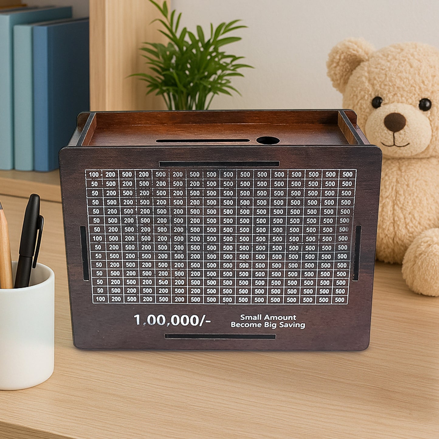 Wooden Money Piggy Bank Money Box (1 Pc With Marker Pen) - Happy Price - Image 2