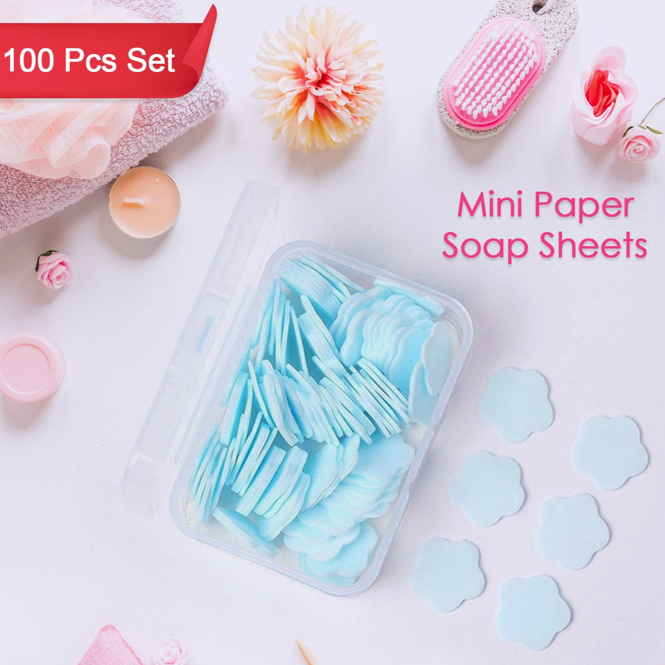 Mini Portable Travel Soap Paper Sheets Flower Shape (100 Pcs Set Approx Mix Color) - Happy Price - Image 1