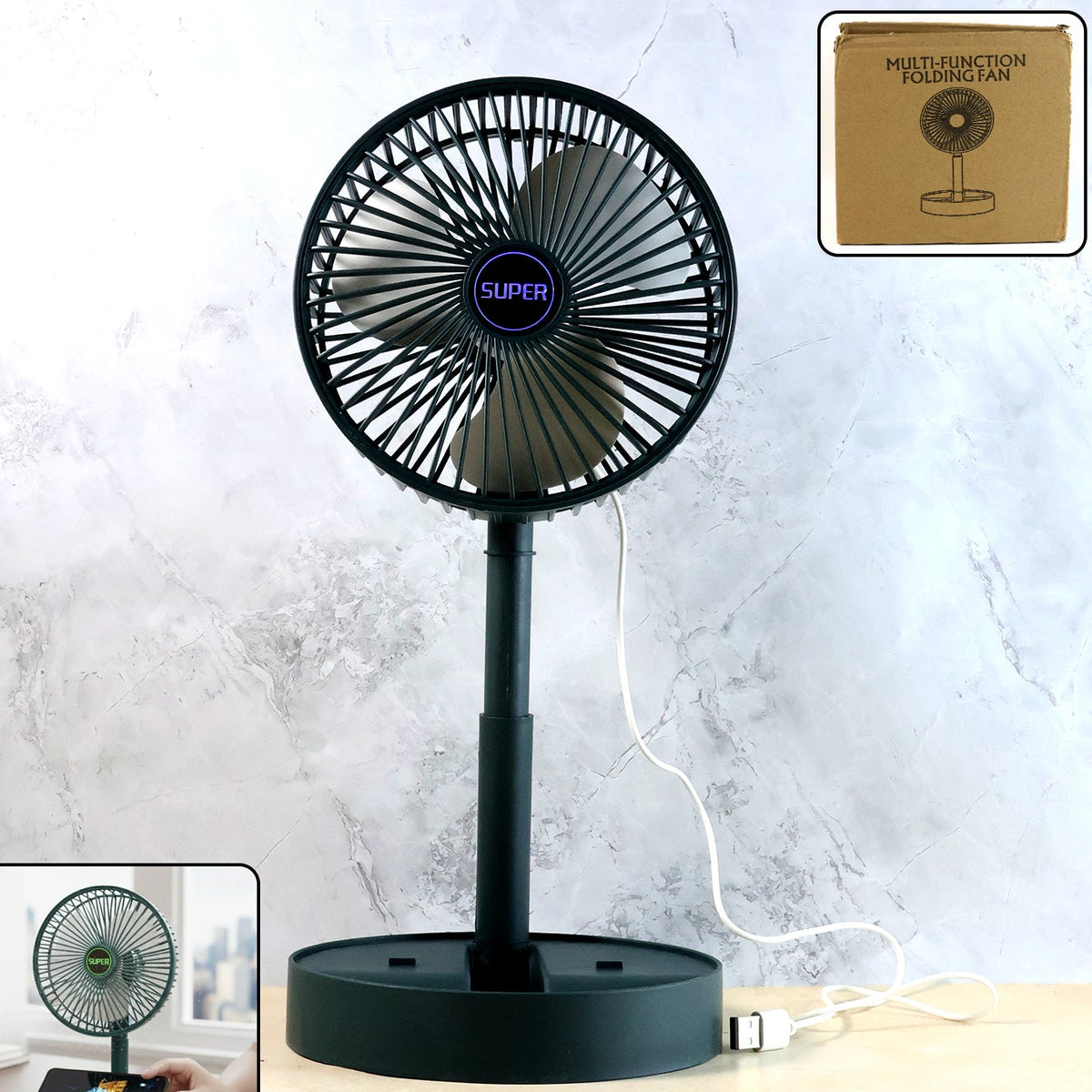 Portable USB Folding Desk Fan with Phone Holder - 1 Pc - Happy Price - Image 1