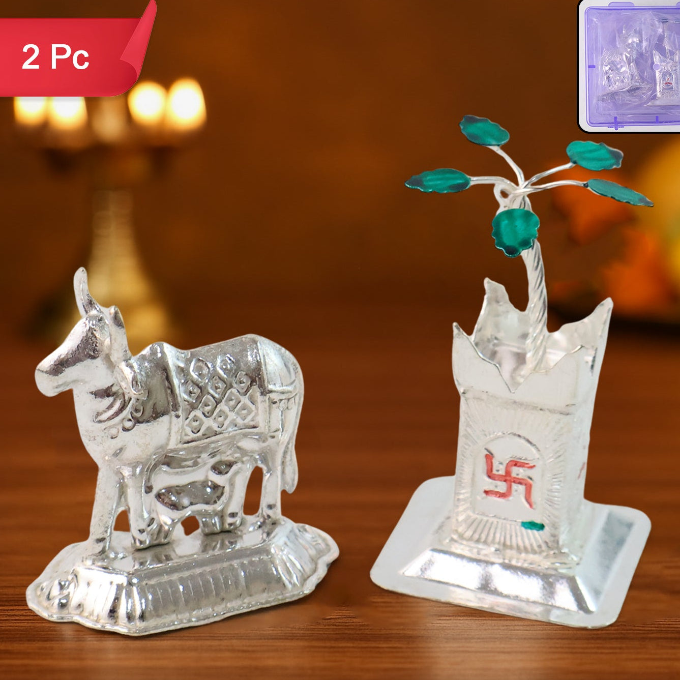 Silver-Plated Kamdhenu Cow Calf & Tulsi Plant Pooja Decor Set - Great Price - Image 1