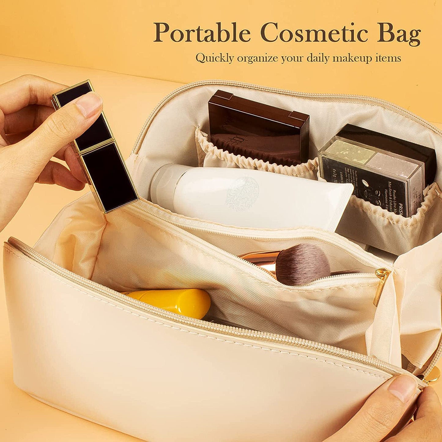 Premium Cream Travel Makeup Toiletry Organizer Pouch With Zipper Handle (1 Pc) - Happy Price - Image 3