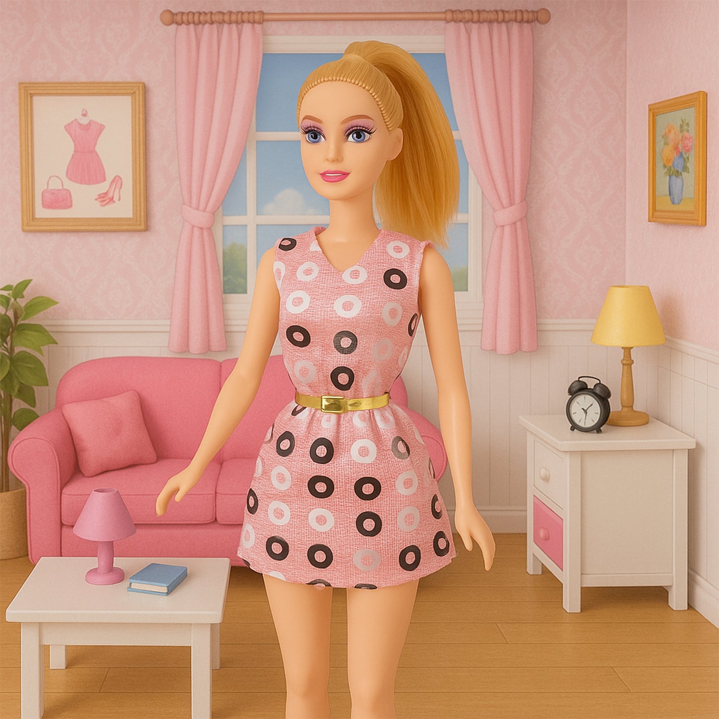 Fashion Doll with Polka Dot Dress & Belt (1 Pc) - Movable Limbs, Safe Plastic Toy - Happy Price - Image 4