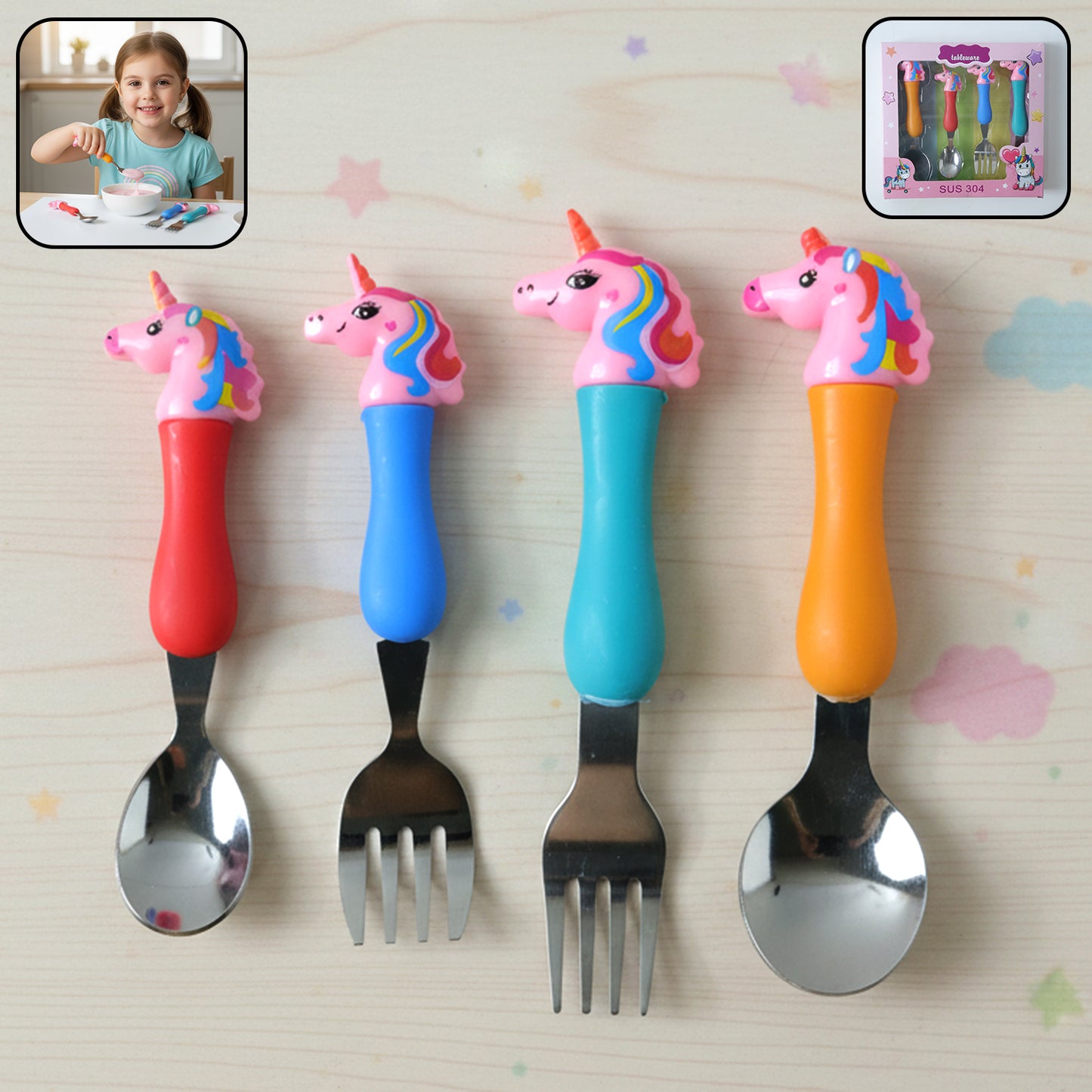 Unicorn Theme Kids Spoon Fork Set - 4 Pc Stainless Steel Cutlery with Plastic Handle - Great Price - Image 2