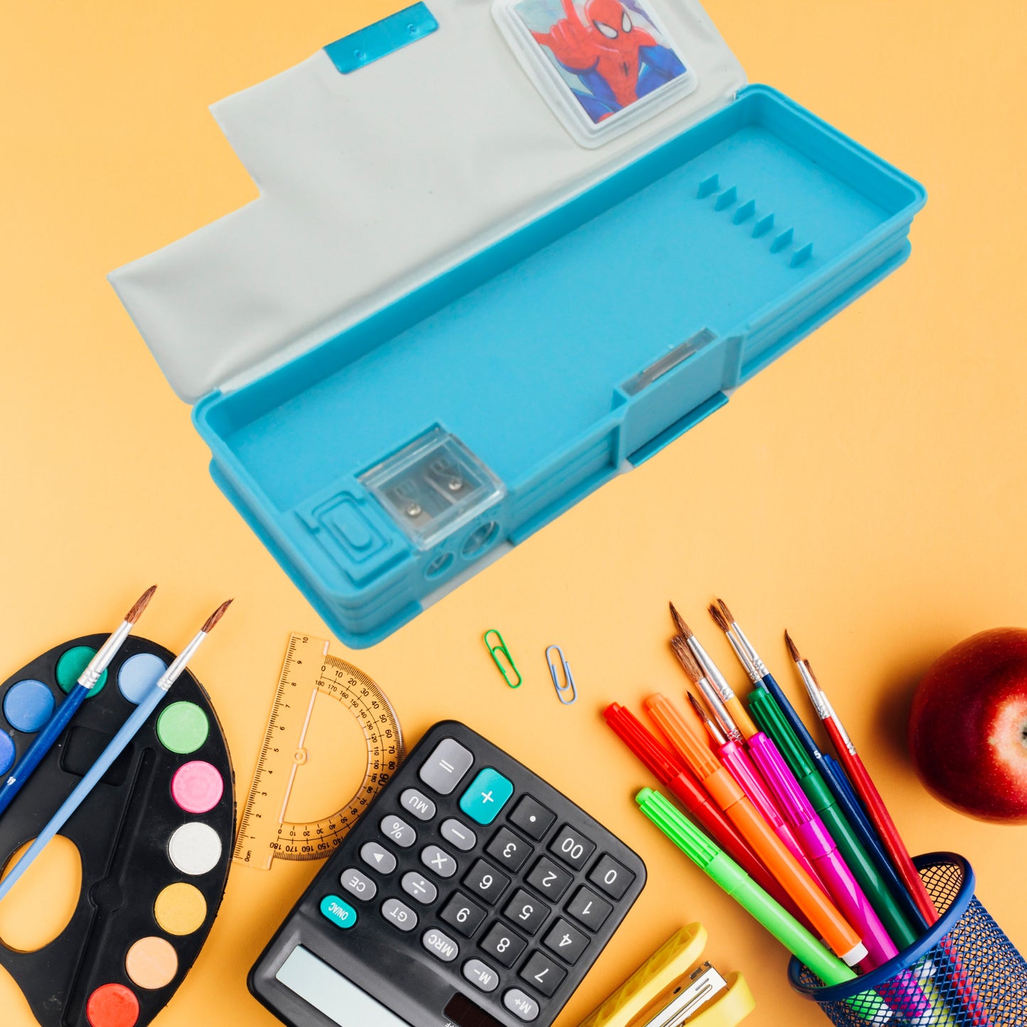 Art Stationery Cartoon Multi-functional Geometry Box For Boys With Inbuilt Calculator 2 Sides Open And Double Sharpener Stationery Kit Pencil Box For Boys Art Plastic Pencil Box For Girls And Boys - Happy Price - Image 2