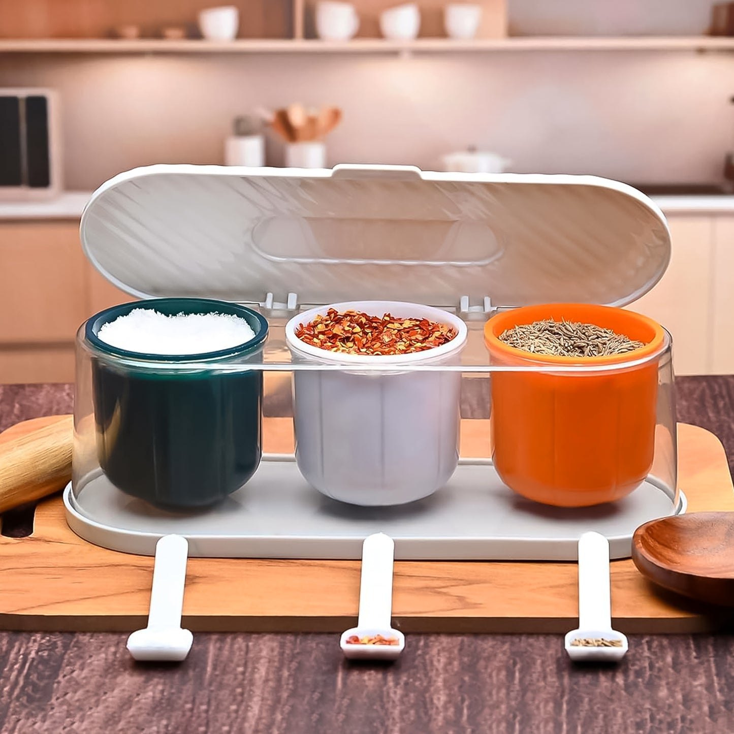 Home Kitchen 3 Grid Seasoning Spice Masala Box Kit With Spoon (Multicolor 1 Set) - Happy Price - Image 7