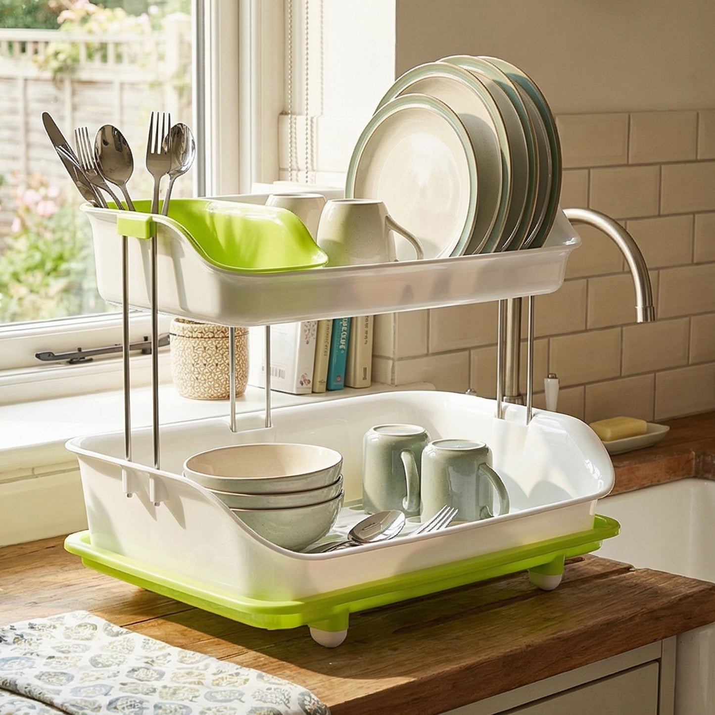 2 Tier Kitchen Dish Rack with Drain Tray & Utensil Holder - 1 Set - Great Price - Image 3
