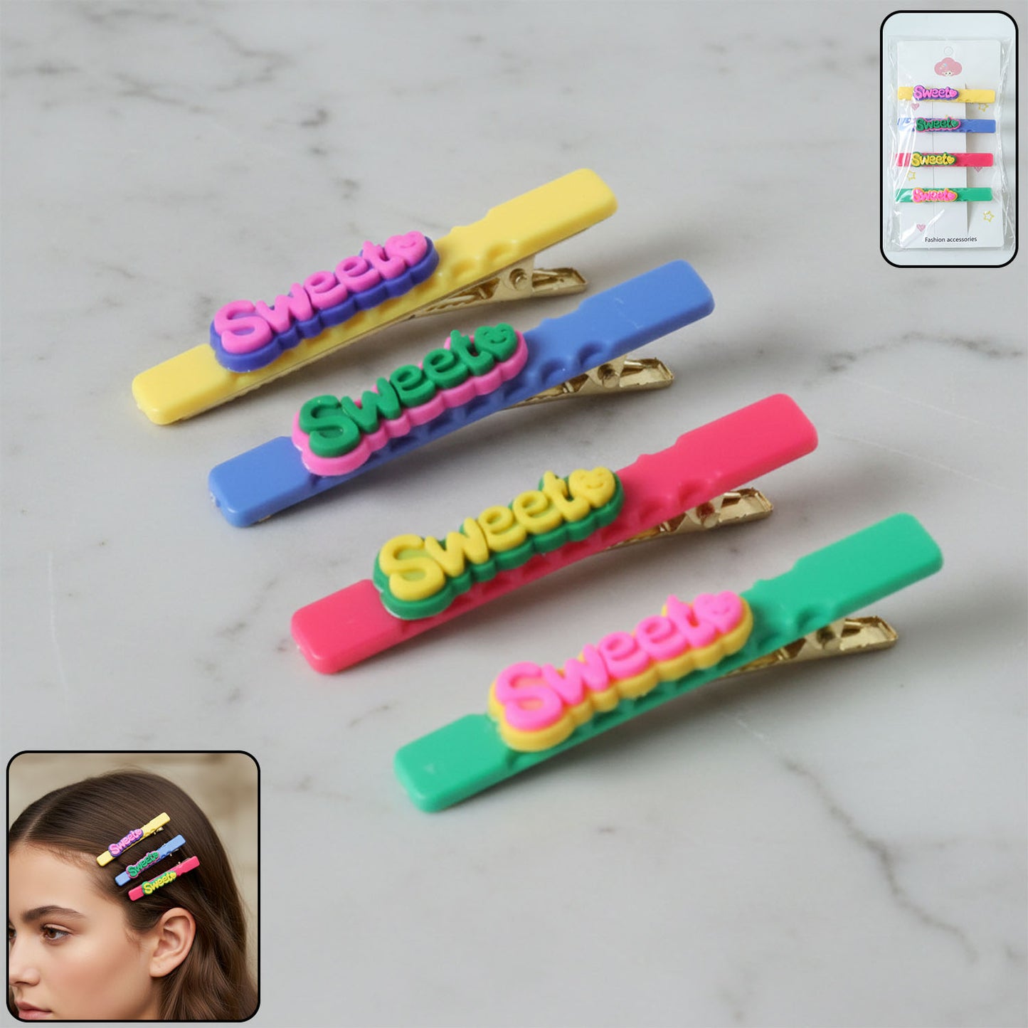 Sweet Text Hair Clips for Girls - 4 Pc Fashion Hair Pins - Happy Price - Image 2