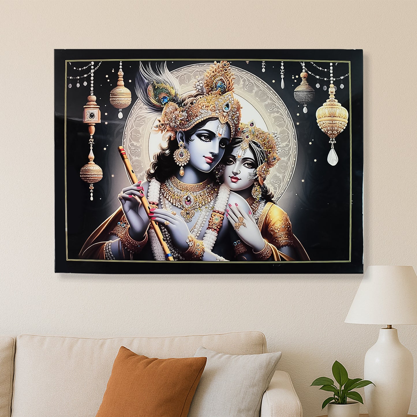 Lord Krishna Radha Wall Painting with Wooden Frame - 60x45 cm, 1 Pc - Happy Price - Image 3
