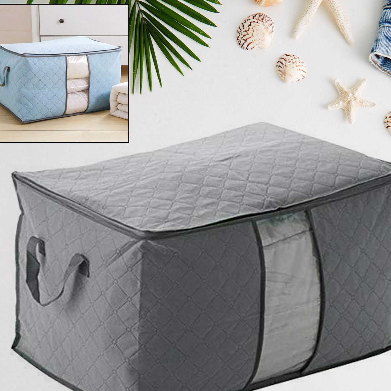 Quilted Foldable Storage Bag with Transparent Window & Handles - Happy Price - Image 1